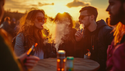 During a vibrant sunset, a group of diverse friends smoke e-cigarettes together, warm golden light illuminating the cozy outdoor setting.