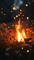 Fire and flowers on a midsummer festival night with glowing bokeh effects
