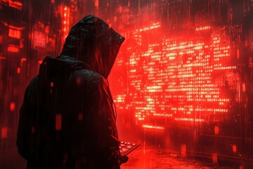 Person with a glowing hooded outfit stares at a vibrant digital display in an urban setting at night, creating a thought-provoking and futuristic atmosphere