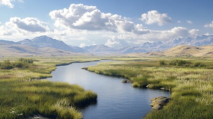 A serene valley with a winding river and distant mountains