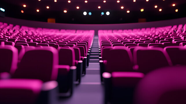 Fila de butacas de cine iluminadas en ambiente de sala oscura y moderna