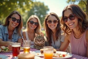 Stylish friends and family members sporting sunglasses gather for a fun Labor Day BBQ in the park, with an adorable cat joining the festivities.