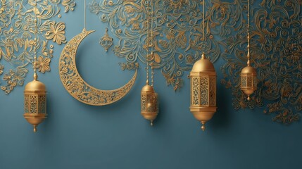 Golden lanterns, crescent moon, ornate floral design