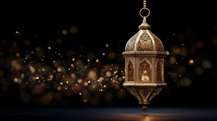 Ornate golden lantern, glowing softly against a dark backdrop of shimmering light