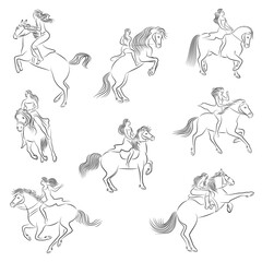 Collection. Silhouette of a woman on a stylish horse. The girl is slender and beautiful rider. Lady for aesthetic decor, posters, stickers, logo. Vector illustrations set
