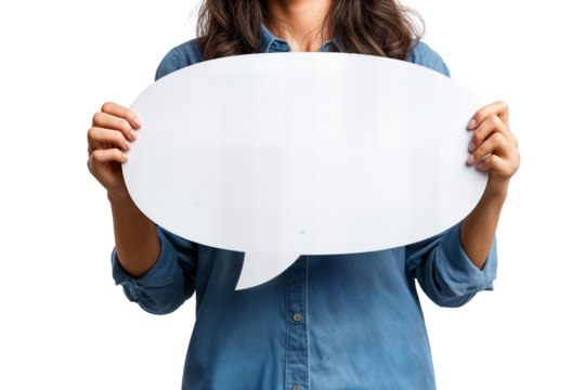Woman holding a blank speech bubble sign