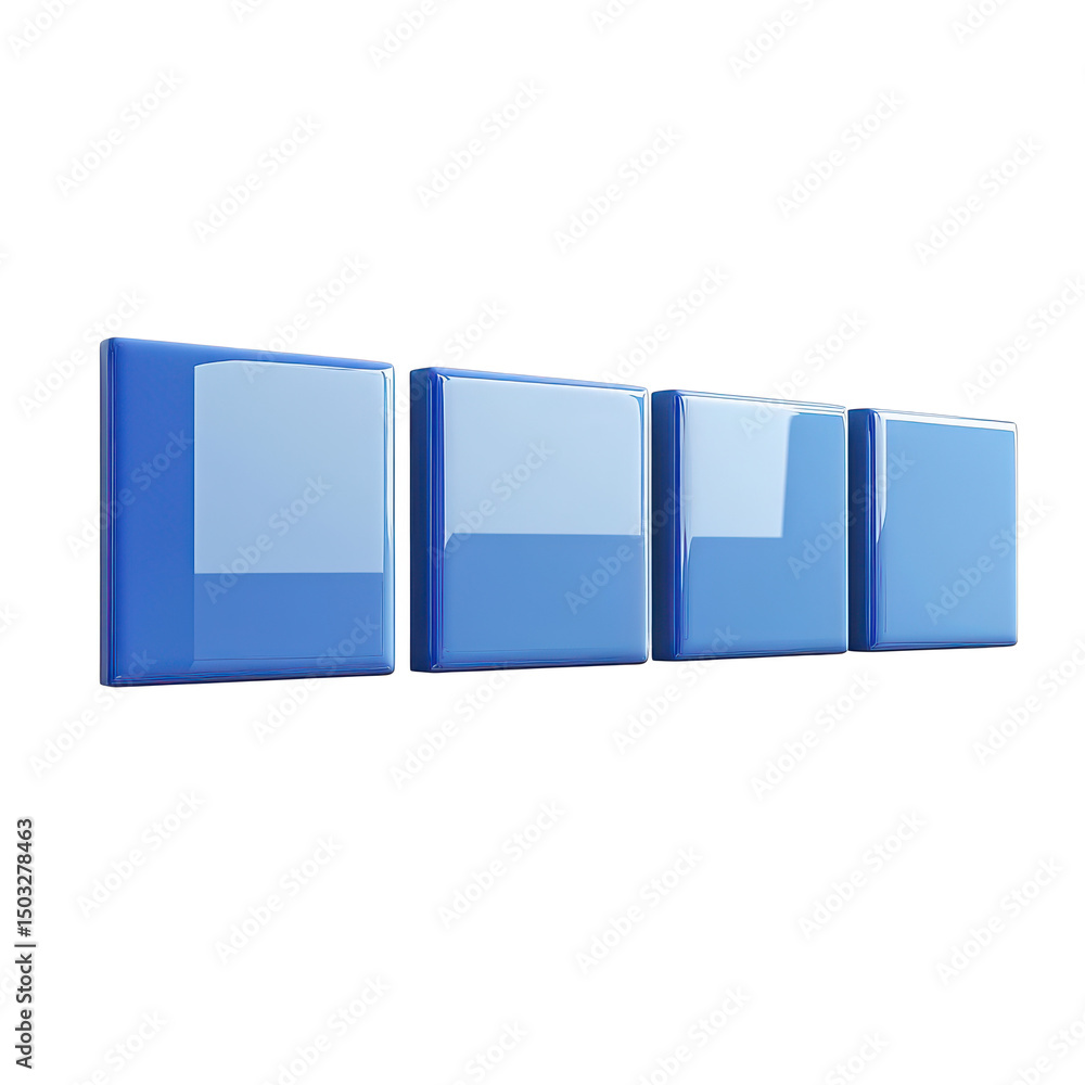 Poster four blue square blocks arranged in a descending order on a black background with glossy reflections