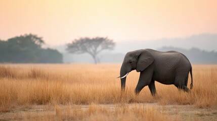 Fototapeta premium Elephant Walking in Savanna During Golden Hour