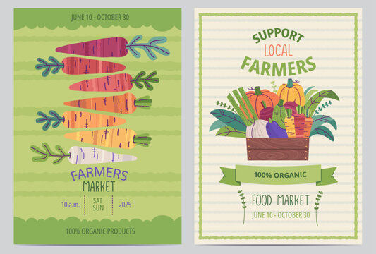 Set of Posters with Organic Products. Support Local Farmers. Farm Fresh Produce. Colorful Carrots on the Green Background. Crate Full of Vegetables