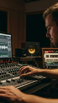 Focused Male Sound Engineer Adjusts Mixing Console Settings in a Professional Music Recording Studio During a Late-Night Session