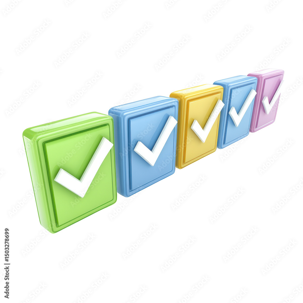 Poster a row of five colorful square icons each featuring a white check mark against a black background