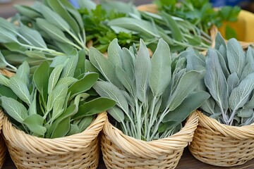 Obraz premium Fresh Herbs in Baskets at a Farmers Market