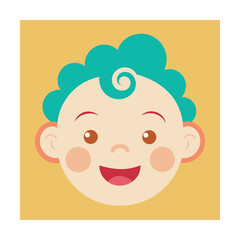 Cartoon illustration of a happy smiling baby face with teal curly hair and rosy cheeks