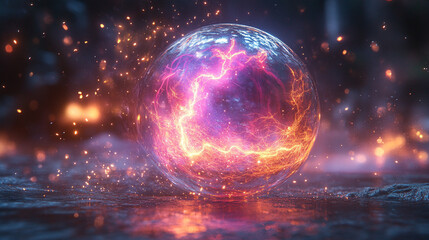 3D rendering of a colorful floating lightning spark ball, radiating electrical energy and dynamic power with vivid sparks and glowing effects in vertical format.

