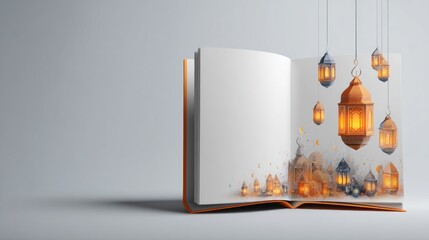 Open book with Ramadan lanterns