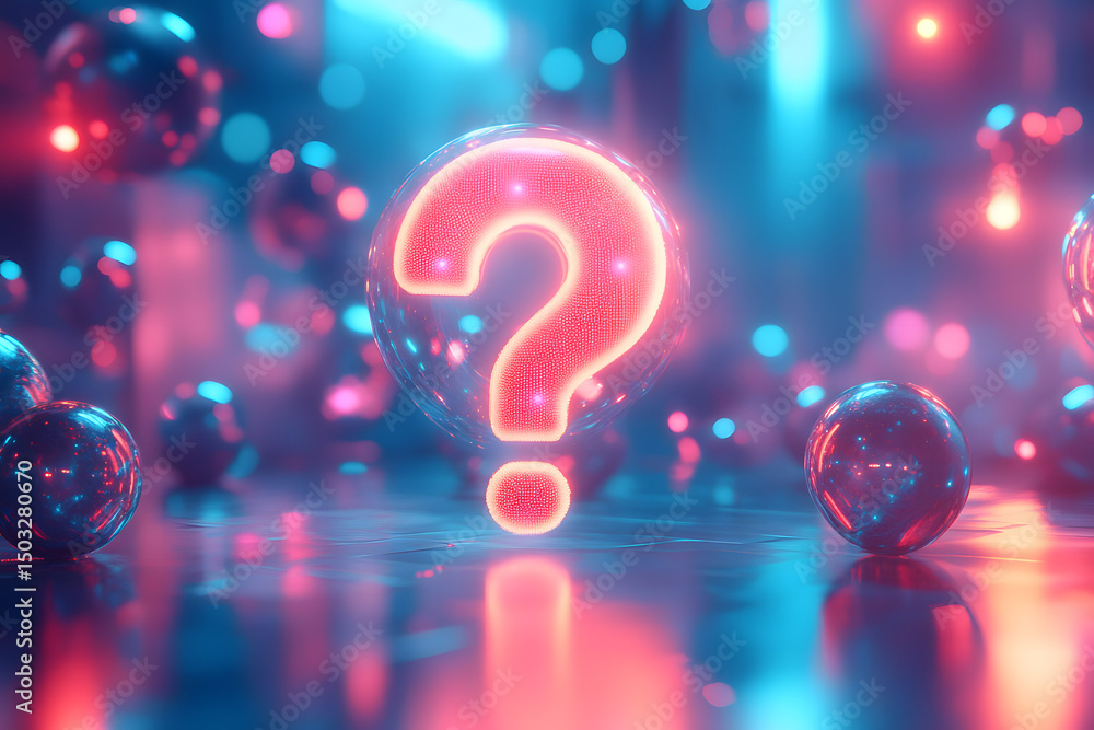 Poster a 3d rendering of an abstract glowy question mark interface on a blue background. technology, inform