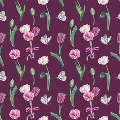 Seamless botanical pattern with tulips, butterflies and bow in purple and white colors. Hand drawn watercolor illustration of spring flowers on burgundy isolated background. For wallpaper or textiles