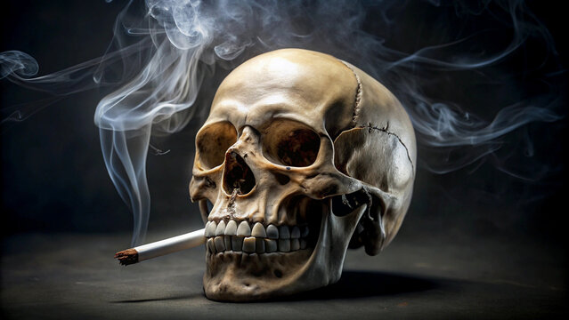 A skull with a cigarette in its mouth