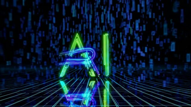 Glowing Neon AI Letters Animation in Futuristic Digital Cyberspace Technology Background