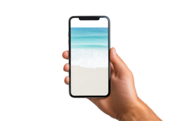 Hand holding smartphone displaying beach scene with turquoise water and white sand on black background