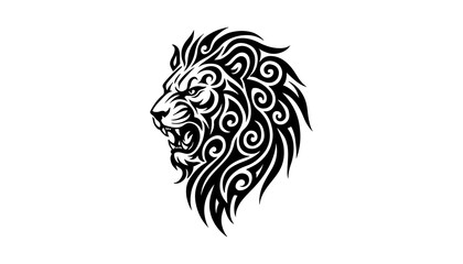 A silhouette of tribal tattoo lion head with roaring expression On white background