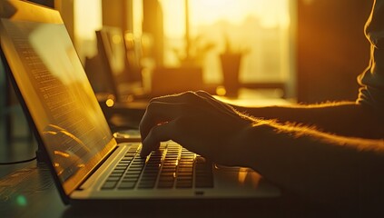 Hands typing on laptop at sunset
