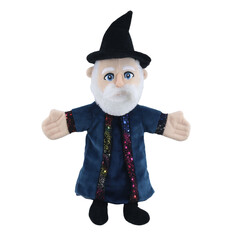 Stuffed wizard puppet with white beard and pointed hat standing upright