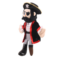 Stuffed pirate hand puppet wearing a hat and red accented jacket