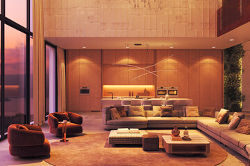 Modern luxury interior with sunset view and open kitchen