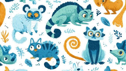 Whimsical animal pattern, featuring lemurs, chameleons, and cats, in pastel colors on a white background
