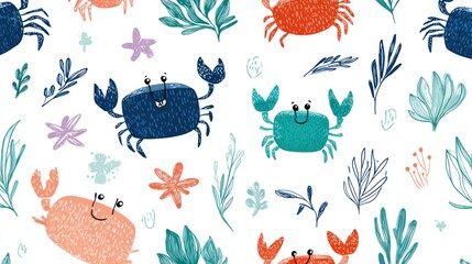 Cute crab and floral seamless pattern (1)