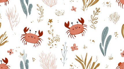 Cute crab and plant seamless pattern
