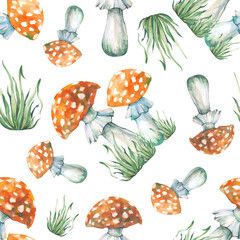 Seamless pattern with fly agaric and grass on a white background. Watercolor illustration with poisonous red mushrooms and green grass. Seamless background for a fabulous or childish design.