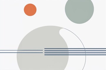 Minimalist geometric abstract artwork with circles in gray, greenish-gray, and orange and blue lines on a white background