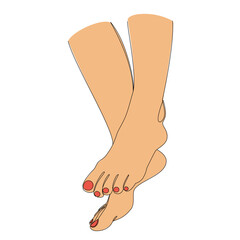 Silhouettes of human legs, feet in modern one line style. Red painted nails. Continuous line drawing, stickers, logo. Vector illustration