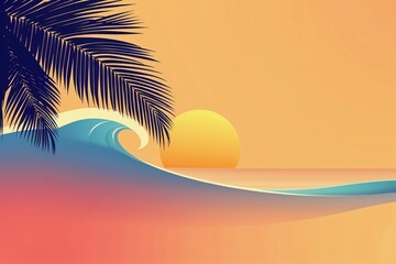 Tropical sunset over the ocean with a curling wave and palm leaves in silhouette.