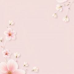 Soft pink floral background with delicate cherry blossoms arranged in the corners.
