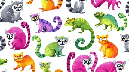 Colorful lemur and reptile repeating pattern.  Cute, vibrant,  animals