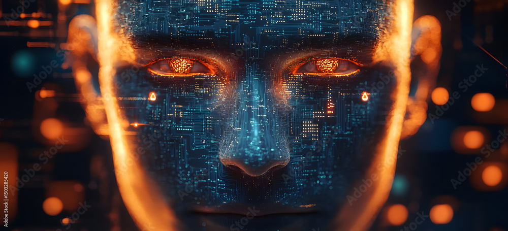 Poster artificial intelligence ai as a symbol of a digital human face avatar and circuit with processor