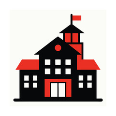 Vector illustration of a simplified schoolhouse building with red and black colors and a flag