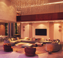 Elegant double height living room with chandelier and curved sofa