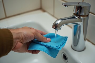 Man's hand holding a blue napkin under a leaking pipe in a residential bathroom.