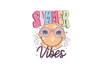 Summer vibes - Illustration of  retro smiley face with sunglasses Cute Summer Sublimation Design
