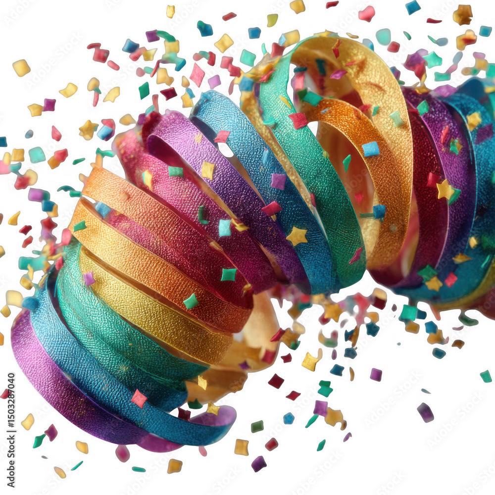 Poster rainbow party streamer with confetti isolated on transparent background