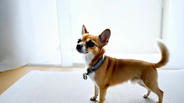 Small brown Chihuahua dog walking across white studio background then turning around to face camera. The tiny pet moves gracefully showing its compact size and alert expression with pointed ears.