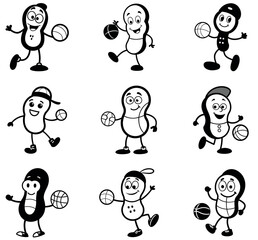 Cartoon Peanut Characters Playing Basketball – Fun Sports Mascots Set
