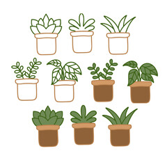 Indoor Plant Pots Vector Illustration in Hand Drawn Minimalist Style