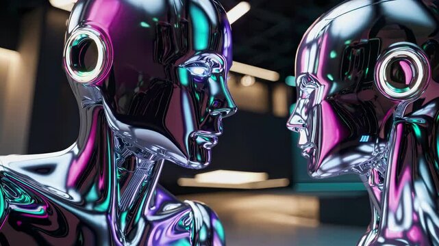 Two futuristic android robots in metallic hues face to face represent artificial intelligence empathy technology communication innovation future human evolution