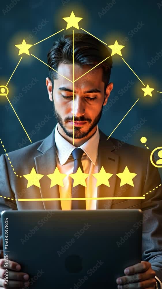 Poster a person in a business suit working on a laptop with virtual icons related to performance rating, di