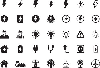 Black Electricity Energy Icon Set Isolated on White Background Glyph Style Design